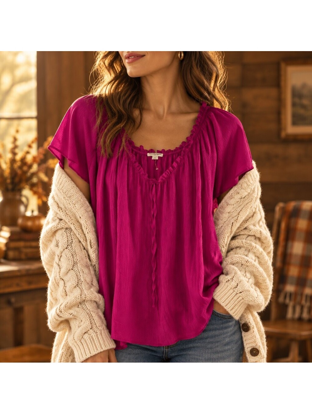 Chloe + Rene Boho Ruffle Fuchsia Pink Blouse NWOT Large 5120
